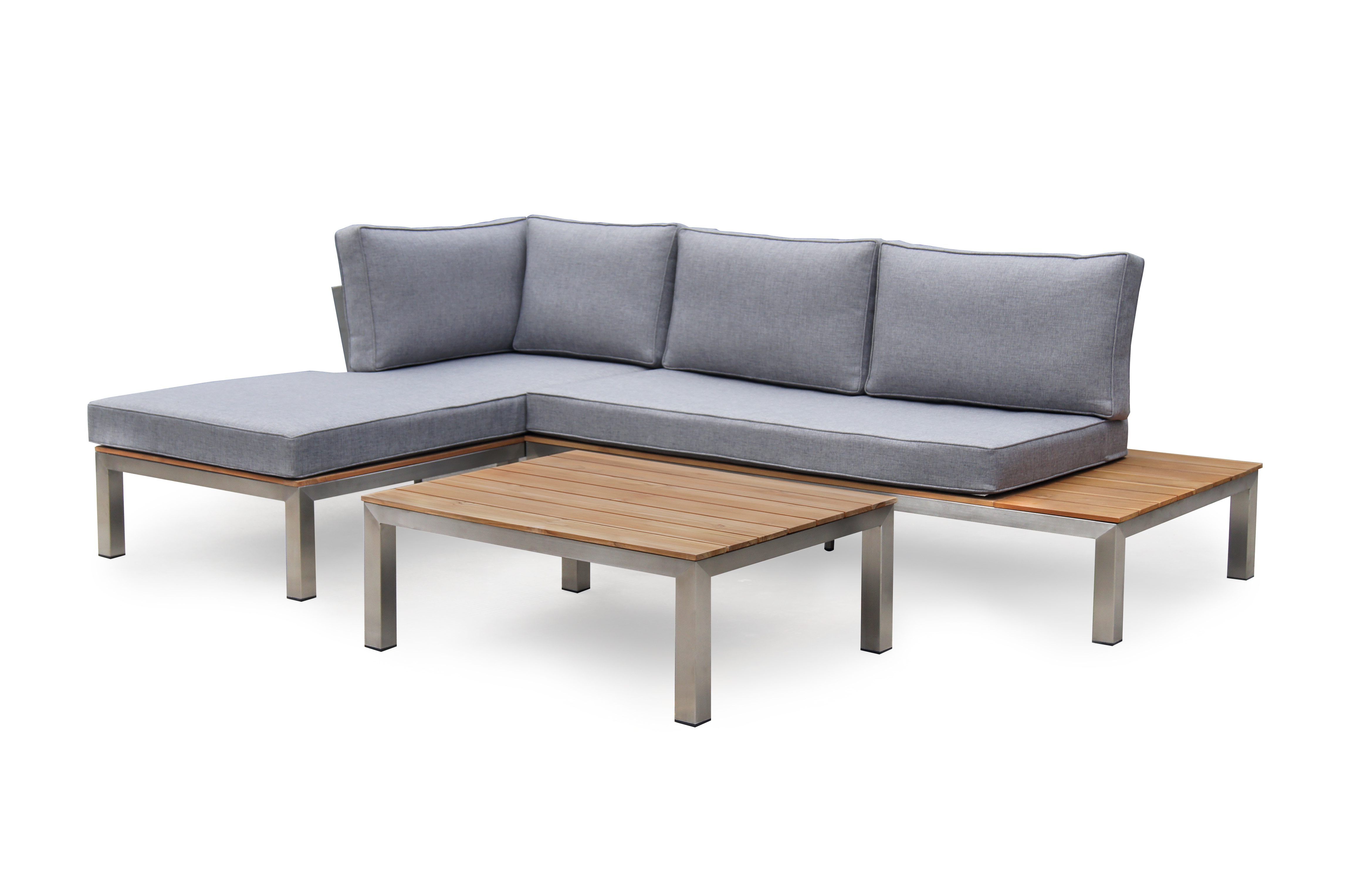 outdoor sofa, sectional, grau Kissen, metallrahmen, holzplatte