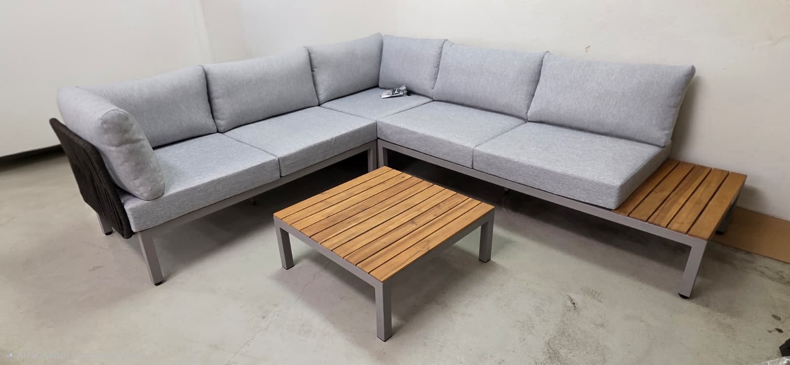 sektional, sofa, gartenmöbel, grau Stoff, holz tisch