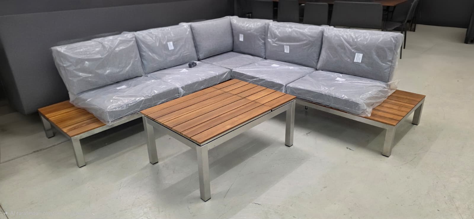 Outdoor furniture, Sofa set, Grey cushions, Wooden table, Metal legs