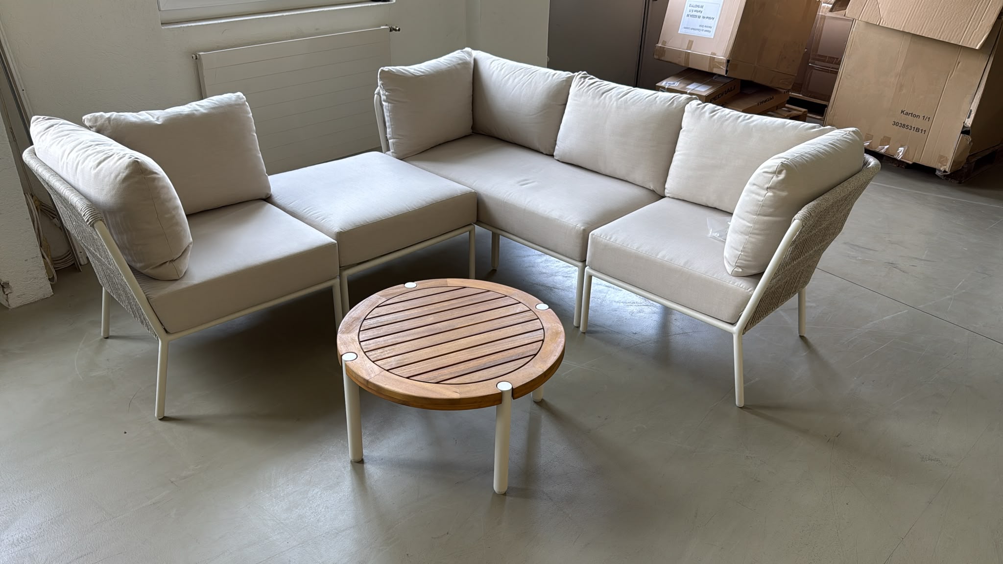 sofa, sectional, beige, outdoor, coffee table