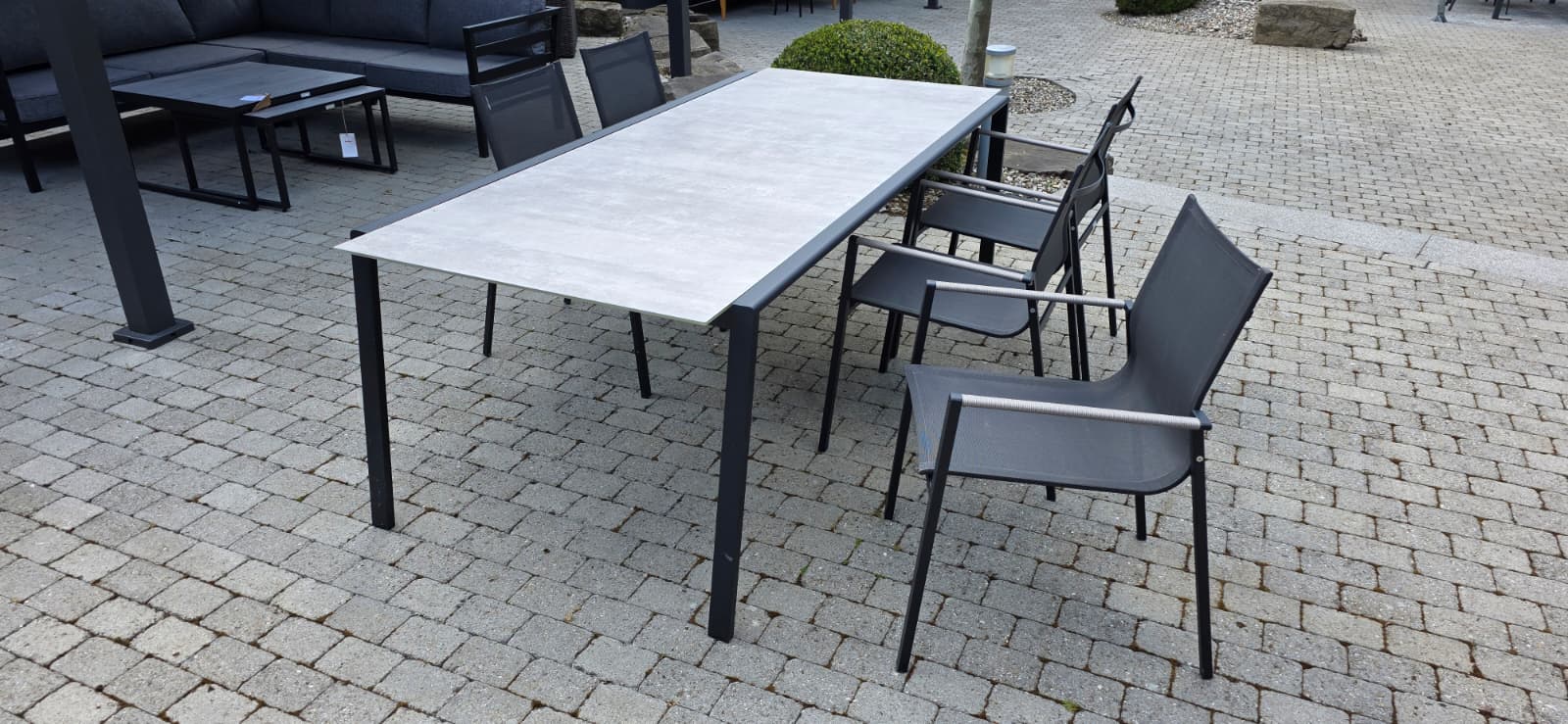 gartenmöbel, tisch, stahlbeine, gitterstuhl, ton grau
