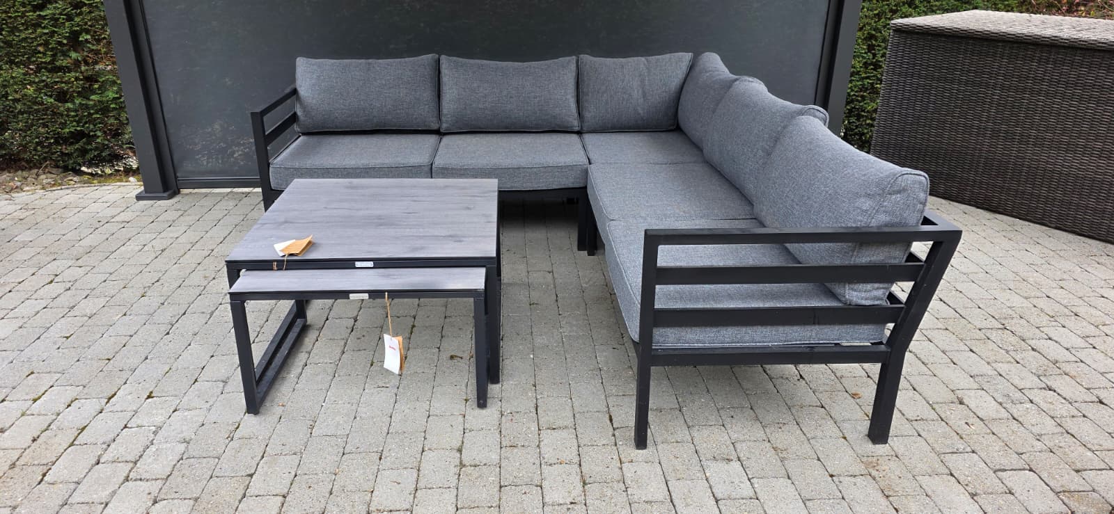 outdoores sofa, sectional, grau farben, metallrahmen, kaffetisch set